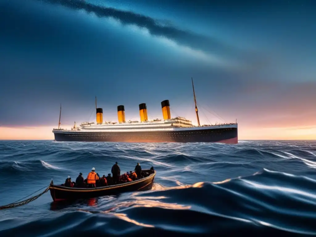 Ilustración detallada del Titanic hundiéndose en aguas oscuras y heladas