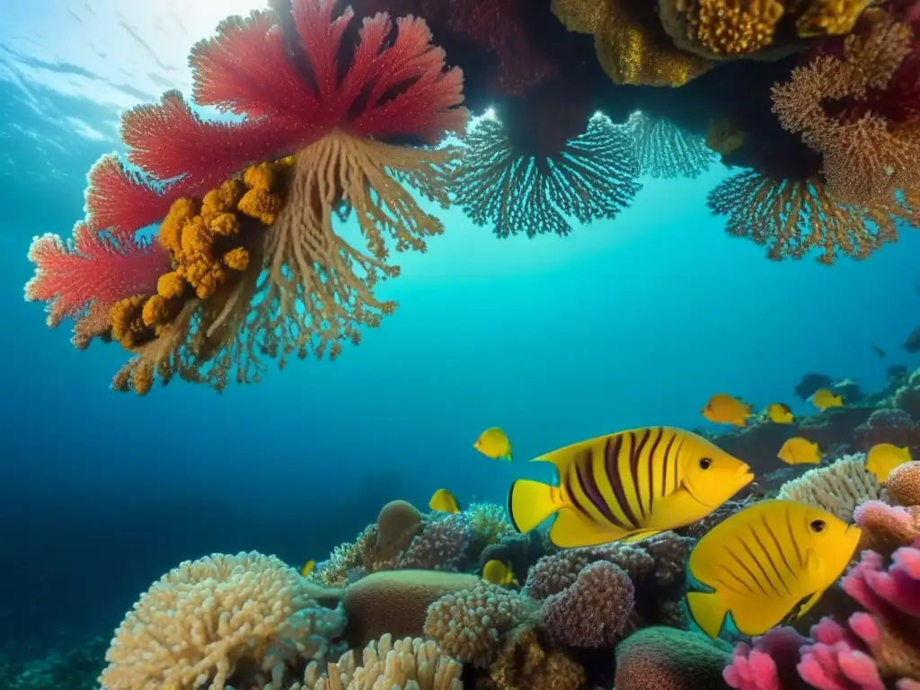 Un detallado arrecife de coral vibrante lleno de vida marina colorida, destacando la biodiversidad marina