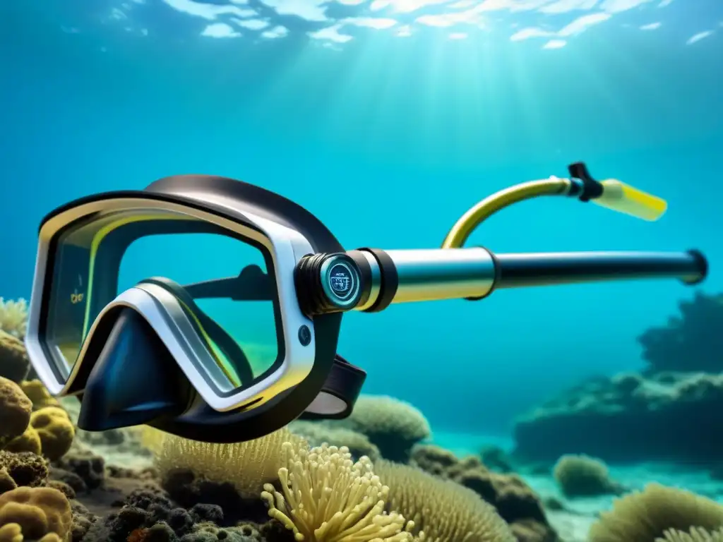 Detallado equipo de buceo y snorkel seguridad en diseño moderno y elegante, con fondo azul turquesa