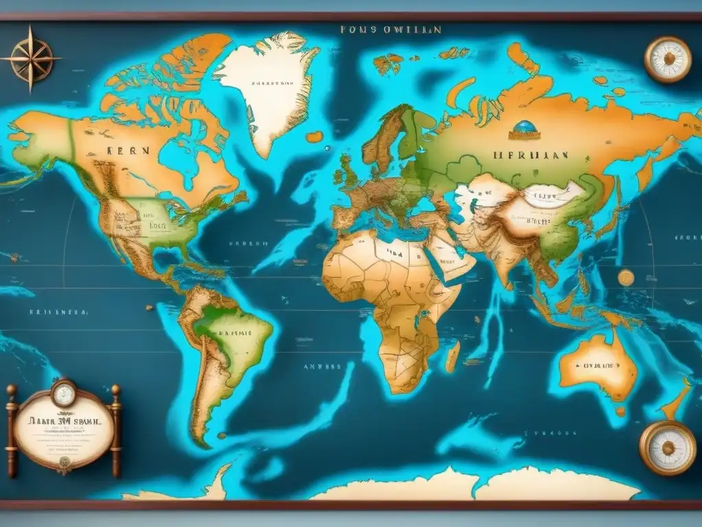 Detallado mapa antiguo de rutas marítimas que cambiaron el mundo en tonos azules y marrones