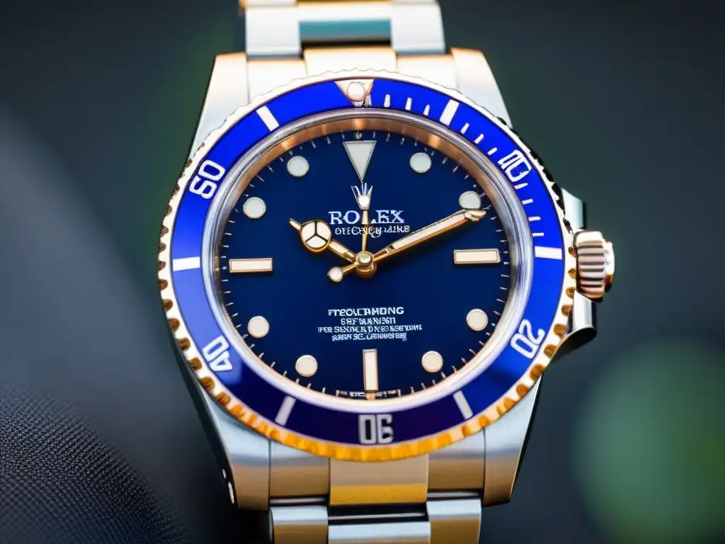 Detalle elegante de un reloj vintage Rolex Submariner con bisel azul desgastado, sobre fondo negro mate