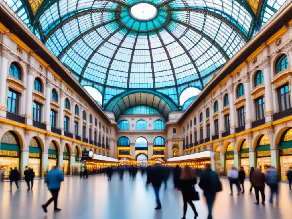 Detalle en 8k de la majestuosa Galleria Vittorio Emanuele II en Milán, Italia, resaltando su cúpula de vidrio y mosaicos