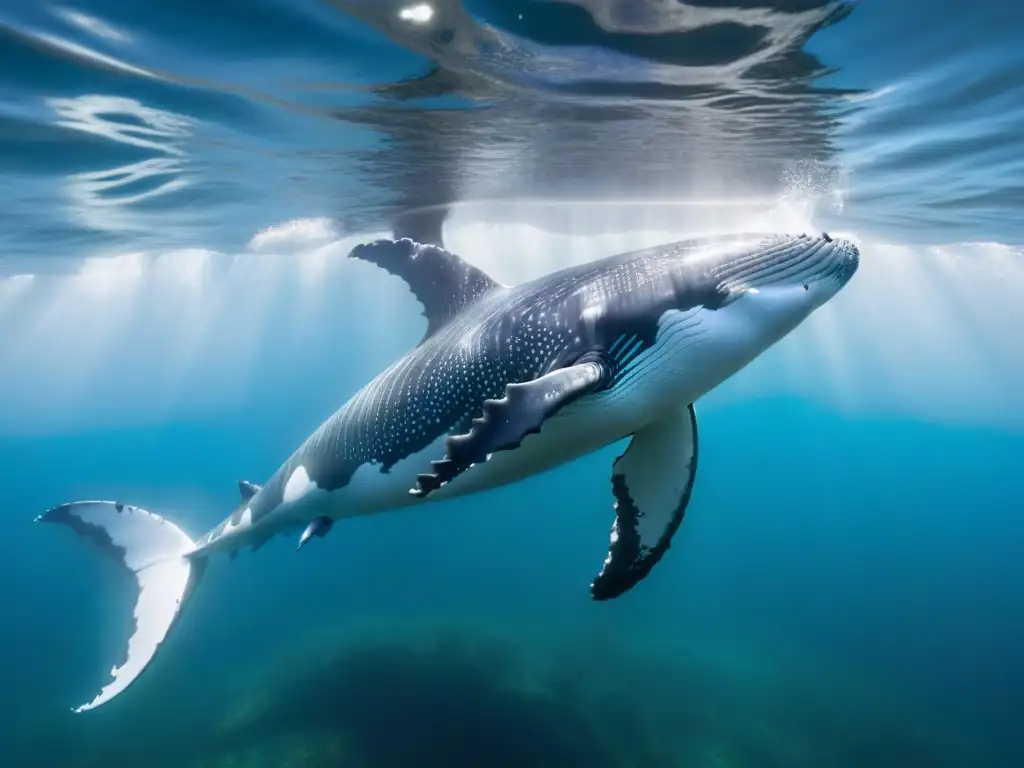 Detalle majestuoso de una ballena jorobada nadando grácil en aguas cristalinas, reflejando la luz del sol