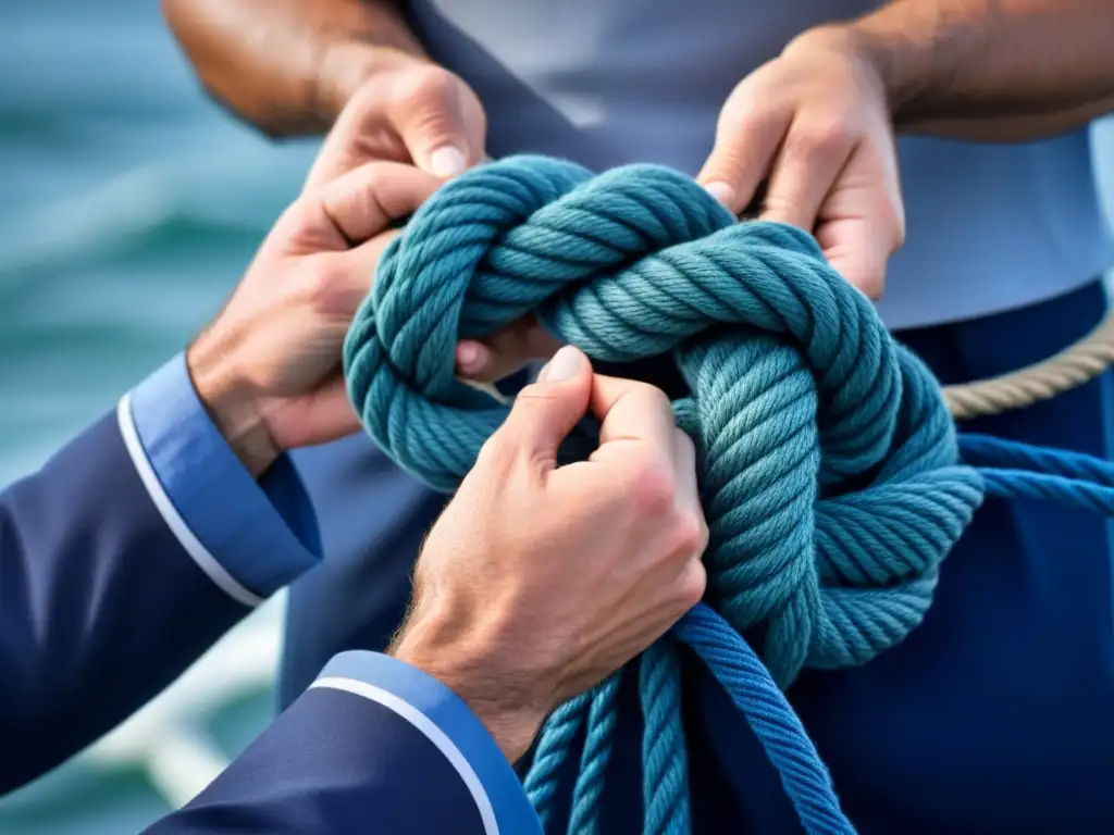 Detalle de manos de marinero experto atando nudo marinero, resaltando la importancia de aprender nudos marineros