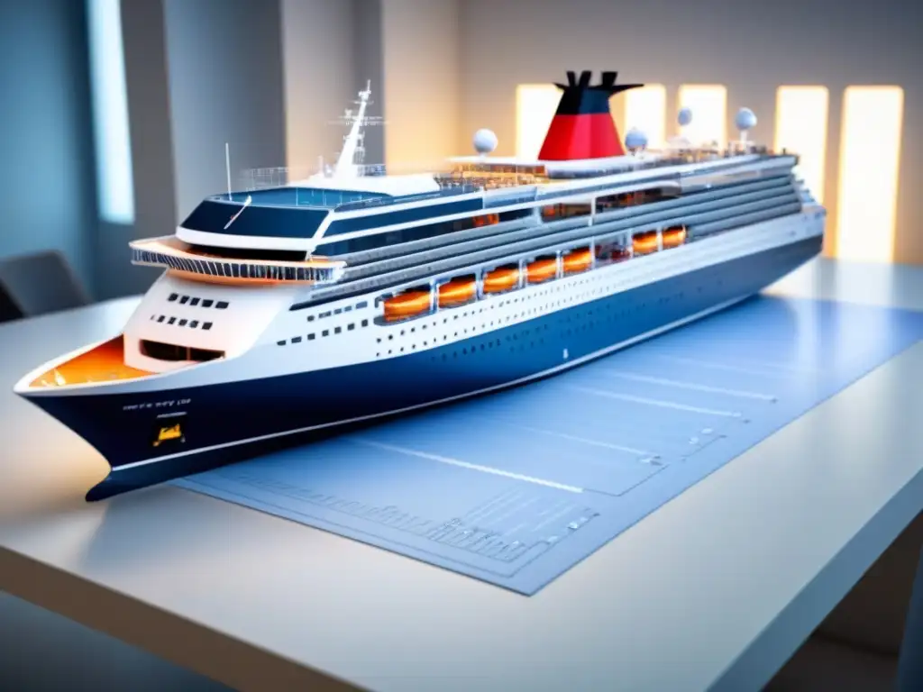 Detalle meticuloso de un diseño futurista de crucero en un plano sobre una mesa de arquitecto