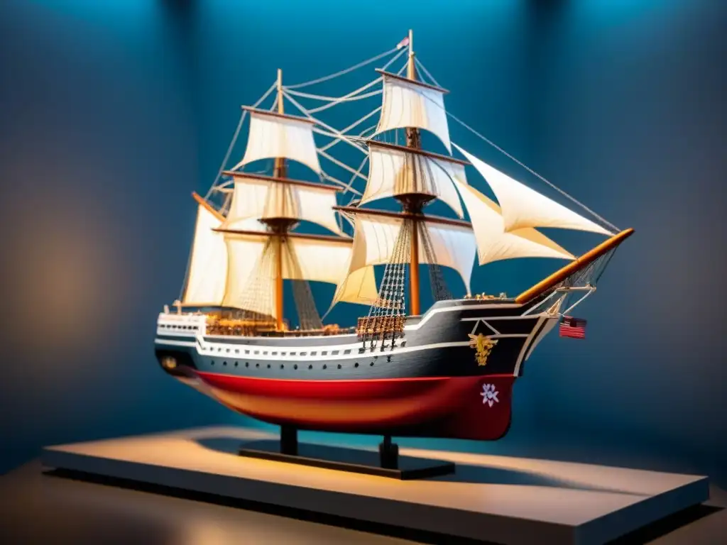 Detalles de un barco modelo en un museo naval: muestra la artesanía y beneficios del turismo marítimo