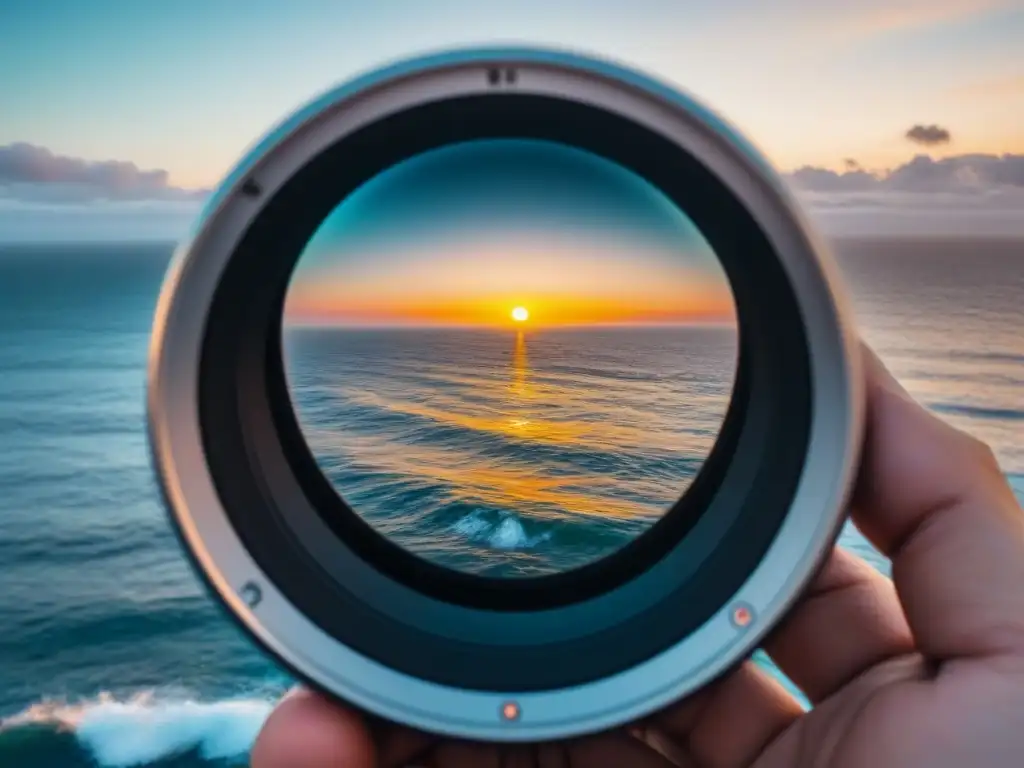 Detalles del objetivo captando un amanecer sobre el mar, reflejos del sol en el lente