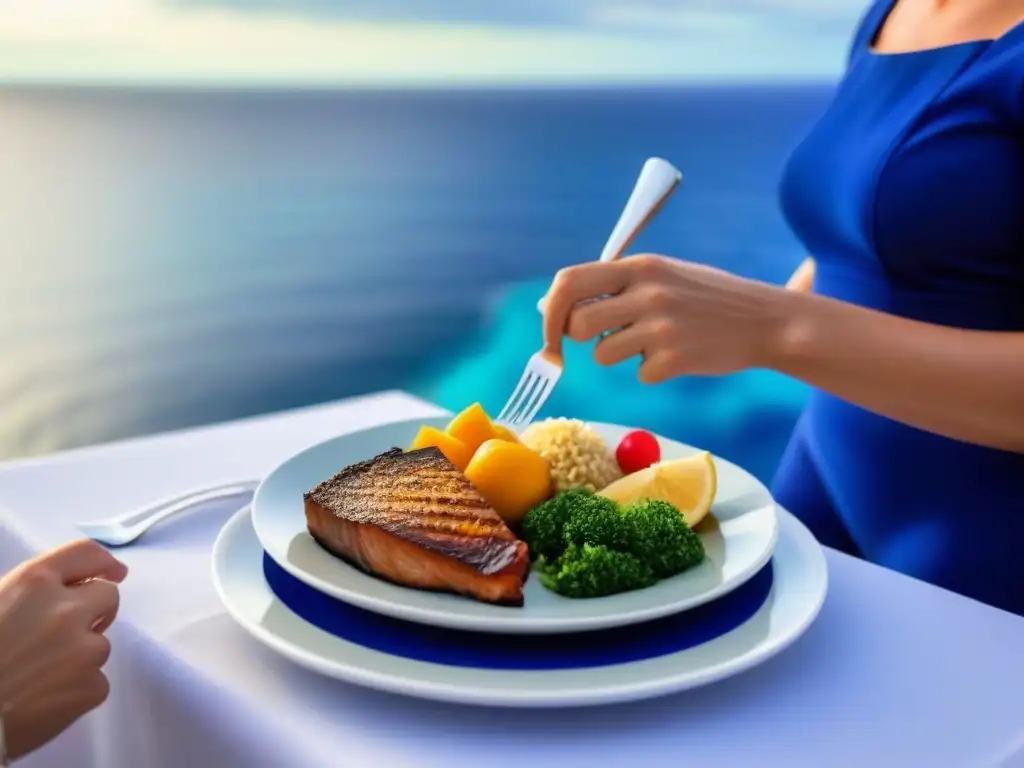 Diabéticos disfrutando de una comida saludable en crucero, con mar y cielo azul de fondo