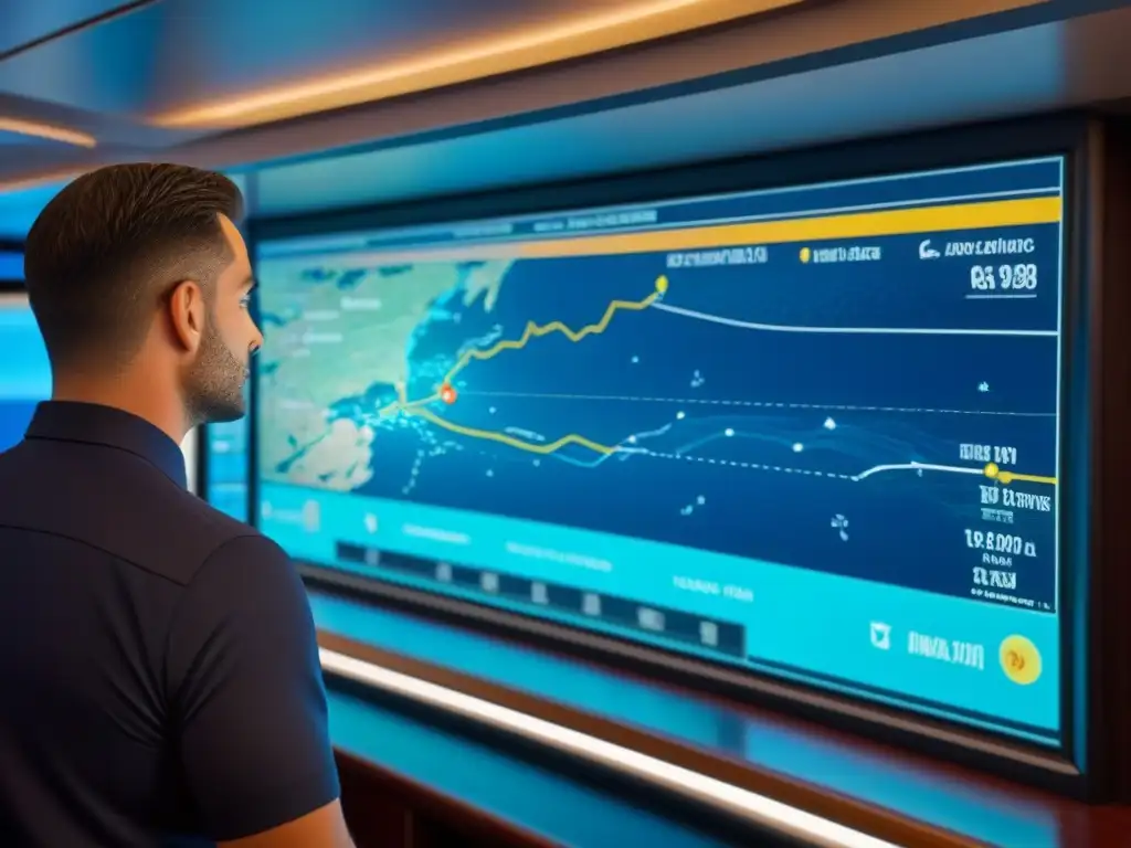 Cartografía digital tiempo real en la navegación de cruceros: pantalla detallada muestra ruta marítima a capitán atento