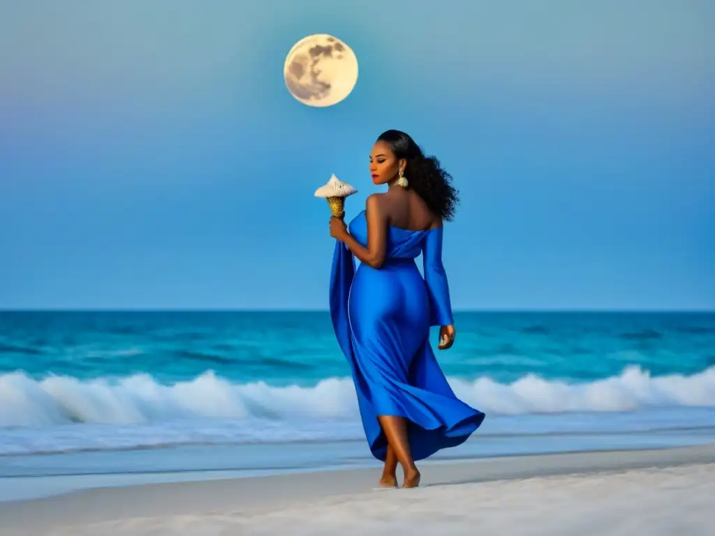 Diosa Yemayá de la mitología afrocubana, serena y poderosa en el mar bajo la luna llena