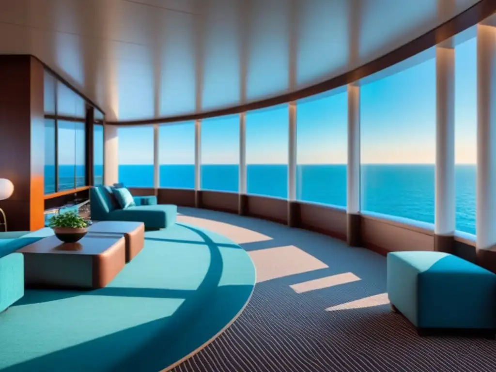 Diseño audaz en crucero de lujo con muebles modernos, iluminación suave y vistas al mar