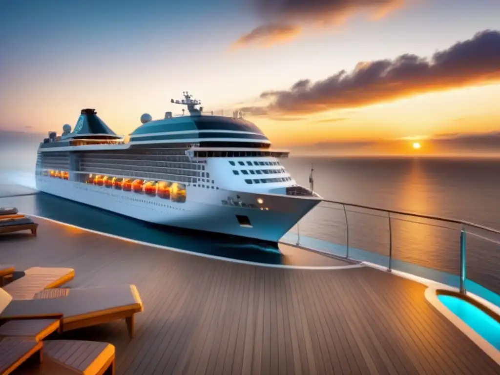 Crucero accesible y lujoso al atardecer Un diseño de crucero de lujo impecable con rampas accesibles, barandas de vidrio elegantes y una amplia cubierta con lujosas tumbonas, todo ello con un impresionante atardecer sobre el océano