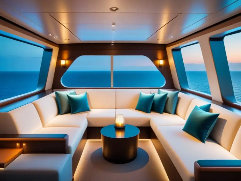 Diseño de cruceros para bienestar: Serenidad y lujo en el interior de un moderno barco, con líneas elegantes, colores neutros y luz ambiental