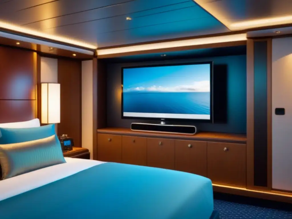 Diseño elegante de sistema audio video en suite de crucero de lujo, con TV de alta definición, altavoces surround y panel de control avanzado