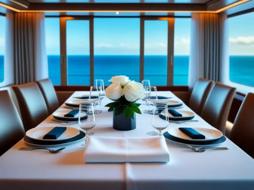 Diseño espectacular de suite en crucero con mesa elegante, cristalería y vista al mar