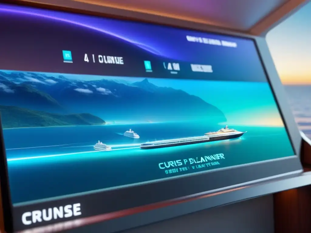 Planificador de itinerario de crucero holográfico ultra detallado en 8k Diseño de experiencia crucero itinerario: holograma futurista detallado de planificador de itinerario en nave minimalista
