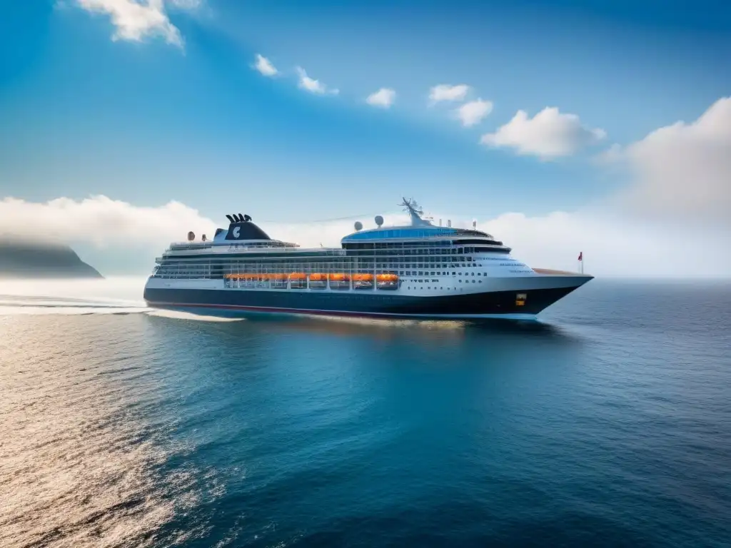 Diseño funcional de cruceros marítimos: un elegante barco con líneas limpias y ventanas panorámicas, en un mar tranquilo y cielo azul