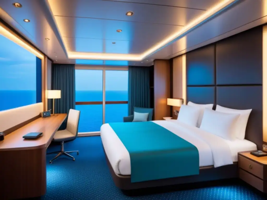 Diseño minimalista de camarote de crucero premium con tecnología punta y confort de lujo