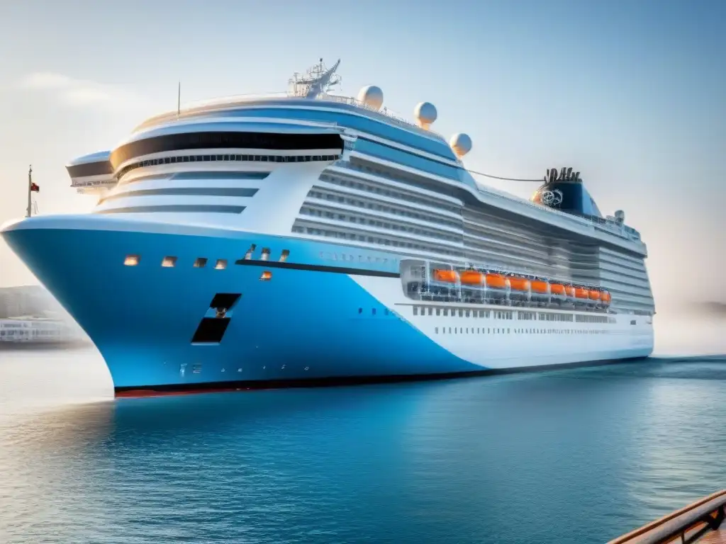 Diseño minimalista de un crucero marítimo resaltando medidas de prevención contagio en tonos azules y grises