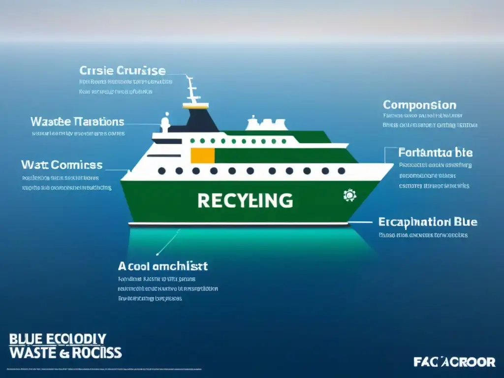 Un diseño minimalista y moderno sobre la Gestión de residuos en cruceros, en tonos azules y verdes, transmitiendo innovación y sostenibilidad