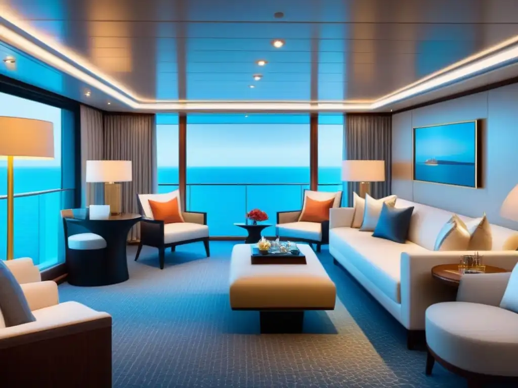 Diseños espectaculares suites cruceros: Suite de lujo minimalista en crucero, elegante y moderna, con vistas al mar y muebles contemporáneos