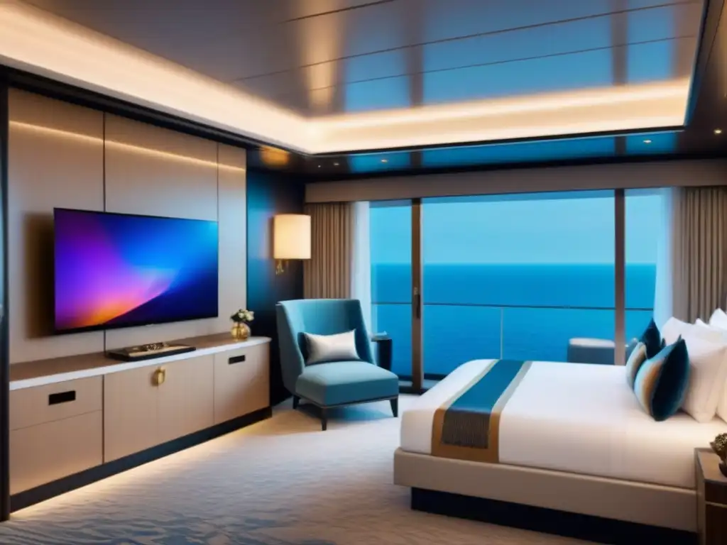 Diseños espectaculares suites cruceros: lujosa suite de crucero con elegante decoración minimalista y toques de mármol y dorado