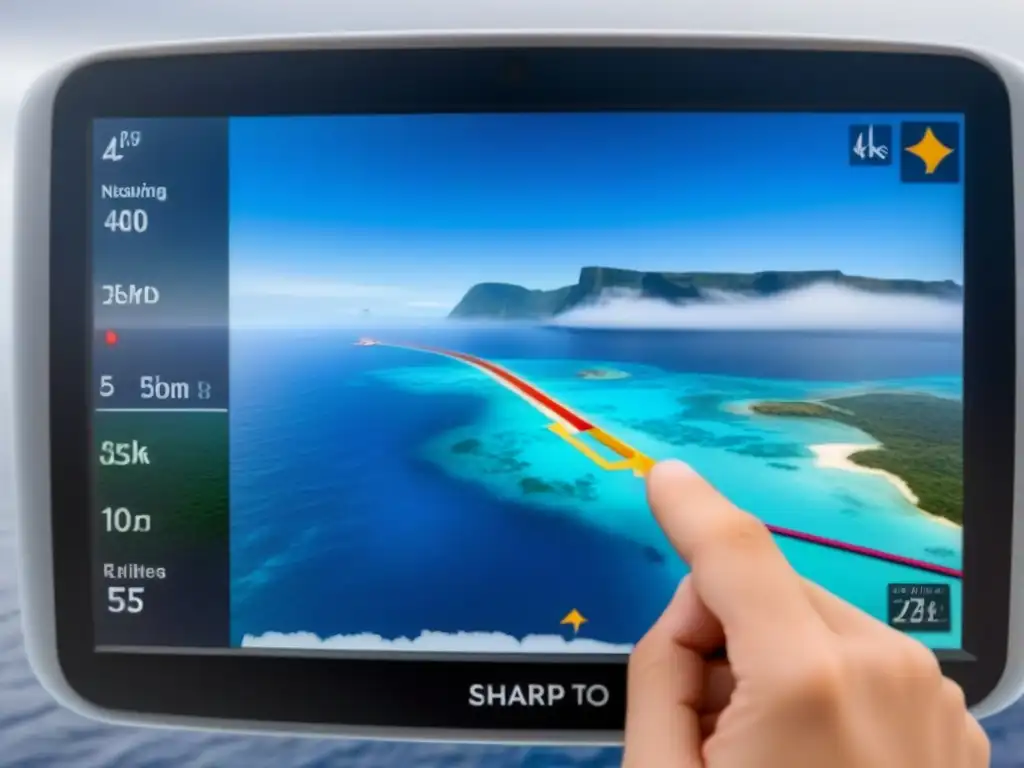 Dispositivo de navegación GPS para cruceros con pantalla táctil de alta resolución mostrando ruta en el mar