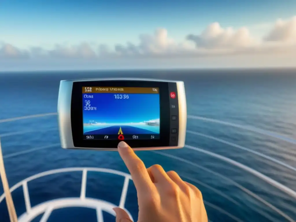 Dispositivos navegación GPS para cruceros: un moderno GPS con un crucero en el mar tranquilo al fondo, reflejando aventura y exploración