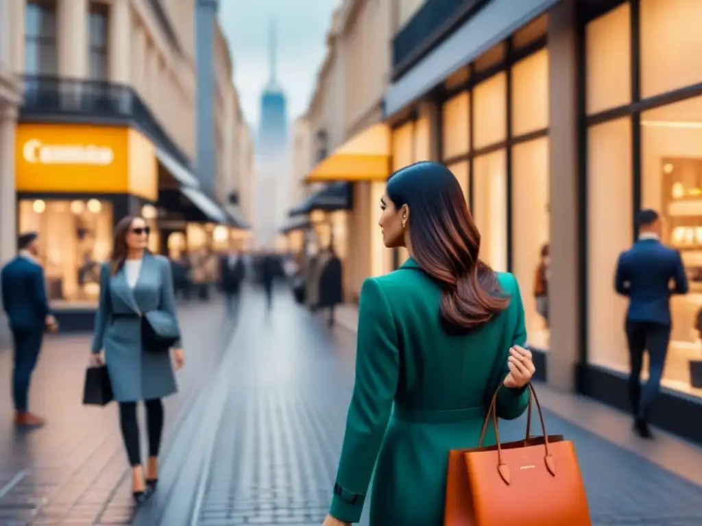 Un distrito de compras exclusivas en Sídney con arquitectura moderna y tiendas de diseño minimalistas, clientes elegantes y exclusivos