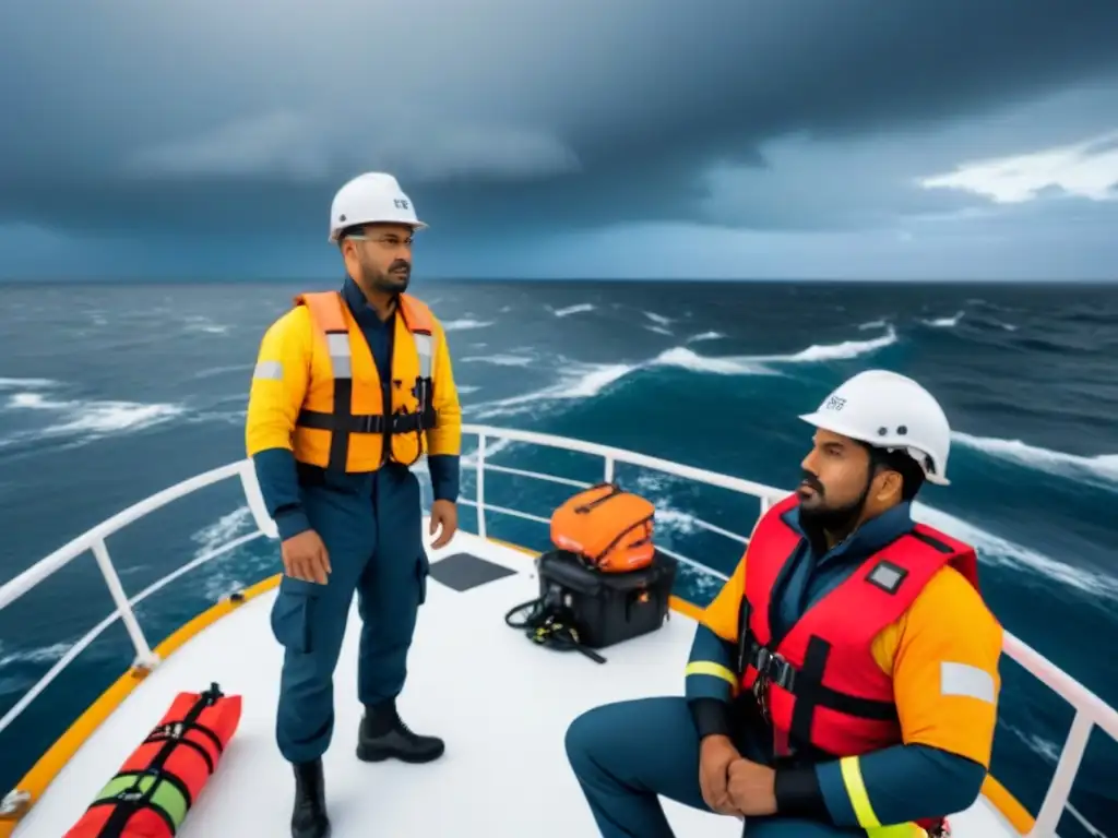 Tripulación diversa en barco con equipo de seguridad en el mar tormentoso resalta importancia en emergencia marítima