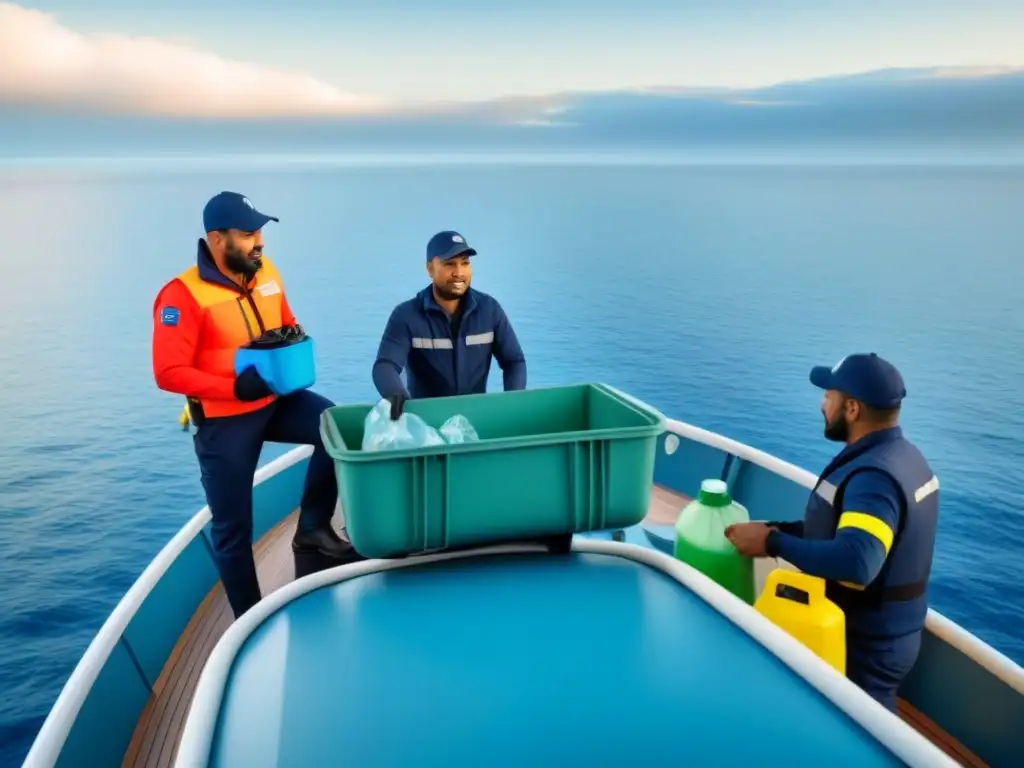 Tripulación diversa en barco practicando medidas ecológicas en turismo marítimo