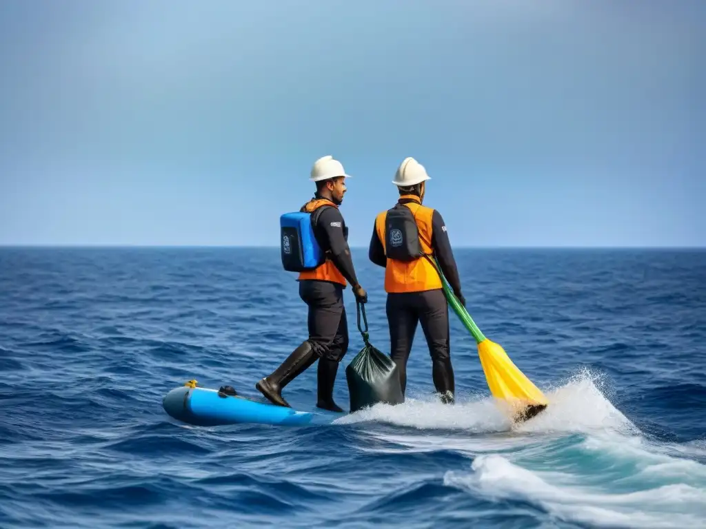 Tripulación diversa en crucero realizando actividades de conservación marina en alta mar