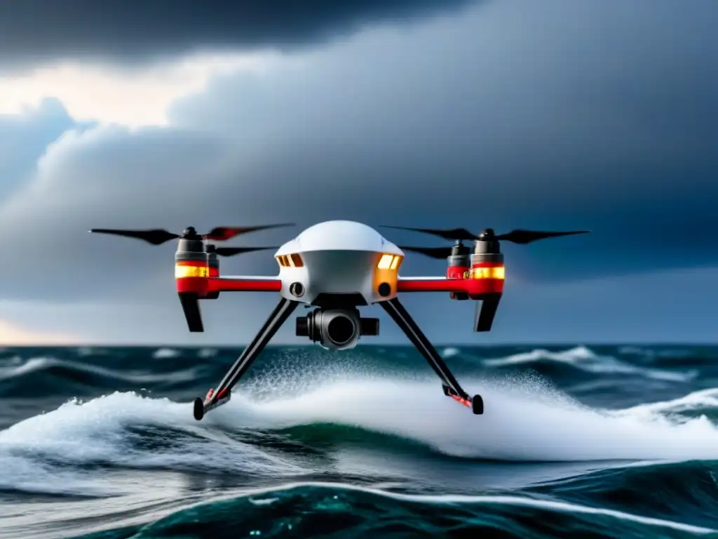 Un dron robótico de vanguardia surca el cielo sobre un mar tormentoso, listo para operaciones de rescate marítimo con tecnología avanzada