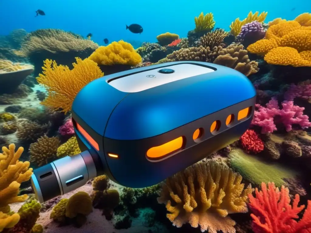 Un dron submarino futurista con tecnologías de protección de arrecifes coral, explorando un arrecife vibrante