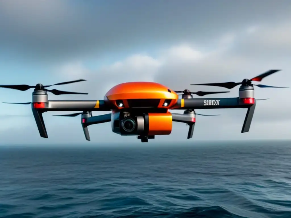 Drone futurista sobre mar embravecido, reflejando innovación y eficiencia en rescates marítimos tecnología