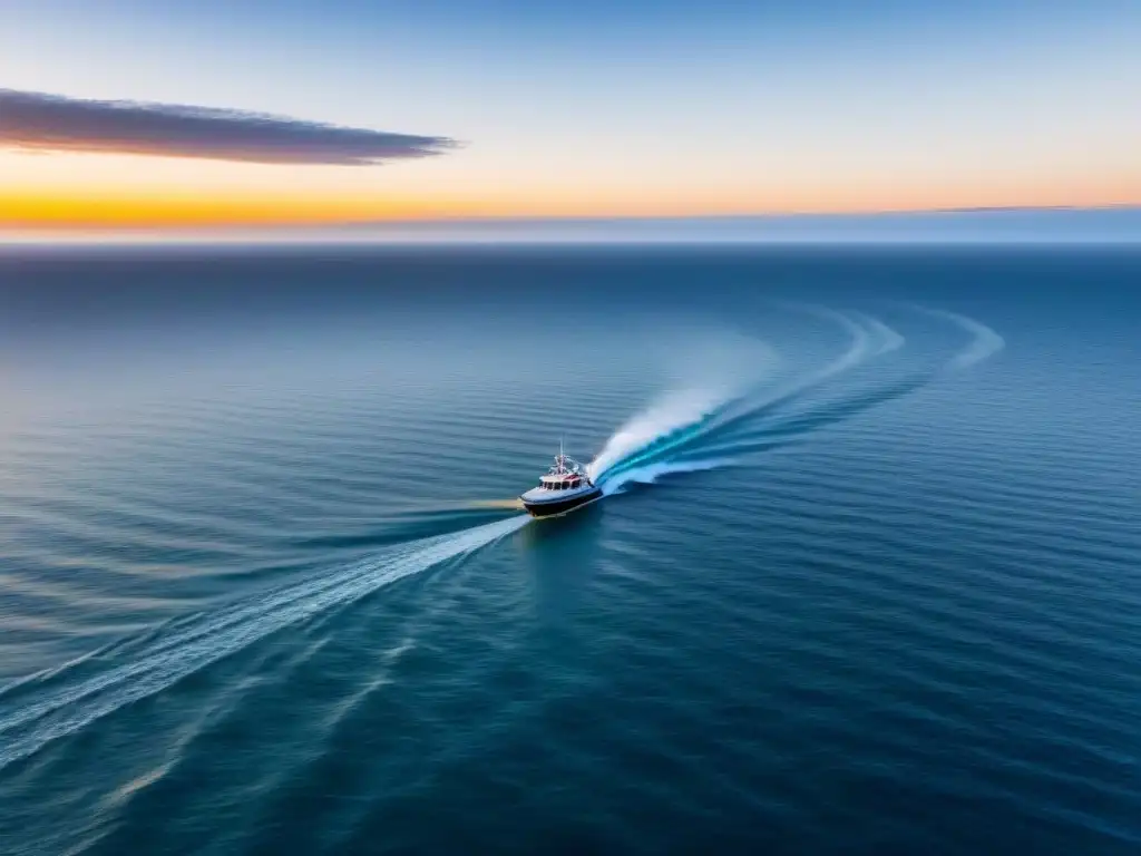 Un drone moderno captura un atardecer vibrante sobre el océano, con un bote pesquero a lo lejos