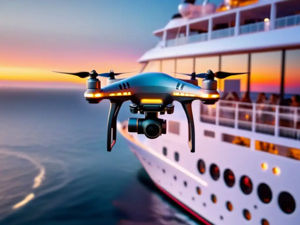 Un drone moderno sobrevuela un lujoso crucero al atardecer