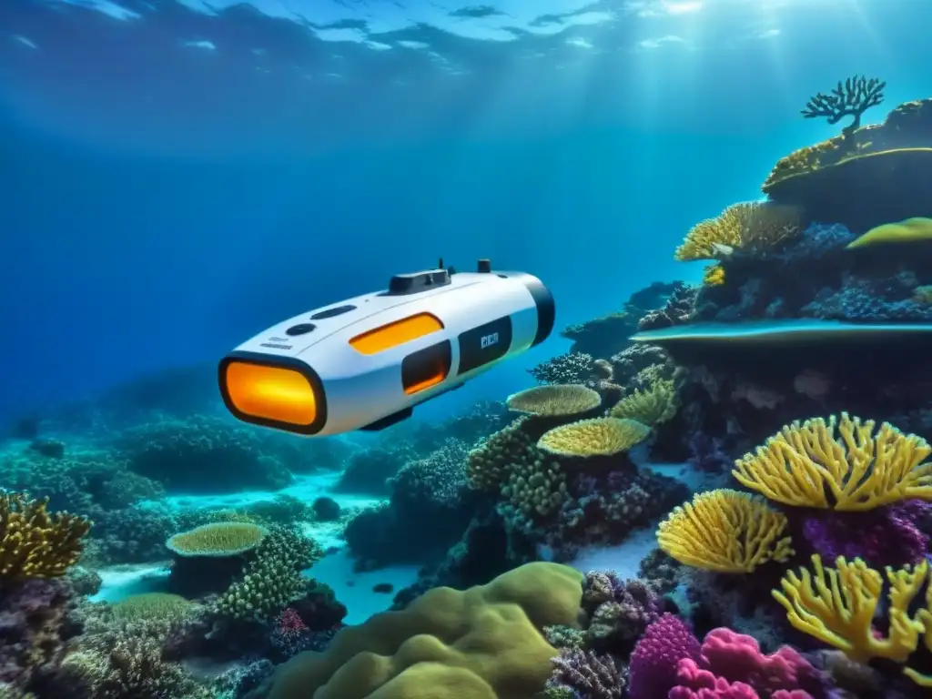 Drone submarino con tecnologías de protección de arrecifes de coral, deslizándose grácilmente sobre vibrantes corales