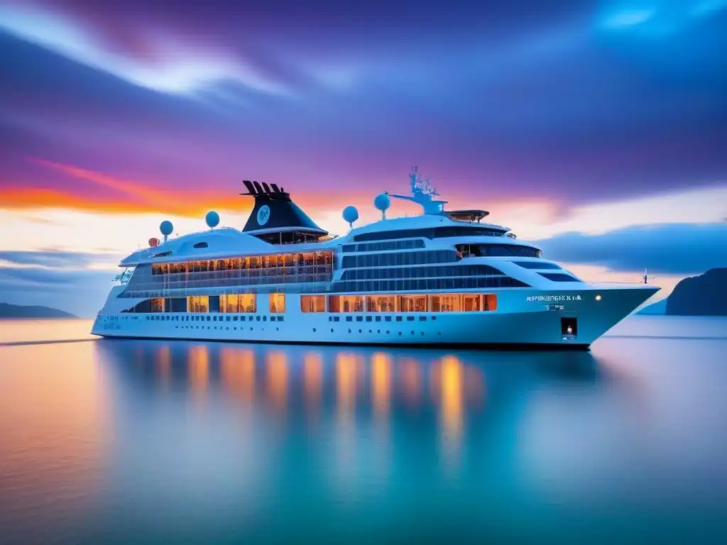 Un ecocrucero futurista surcando aguas cristalinas al atardecer, fusionando tecnología y naturaleza