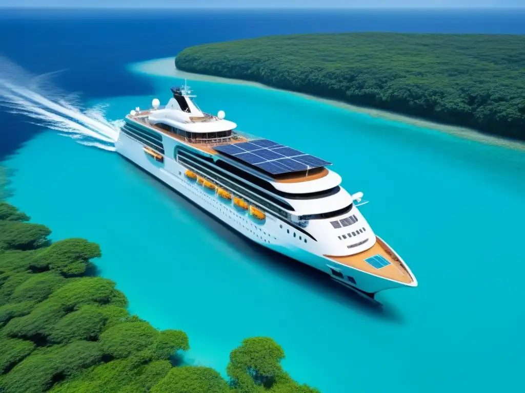 Un ecocrucero inteligente con IA navega en armonía con la naturaleza y la tecnología en aguas turquesas