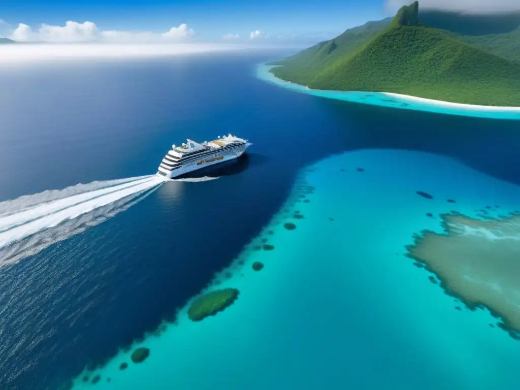 Un ecocrucero moderno y elegante navega en aguas cristalinas, rodeado de vida marina y vegetación exuberante en la costa