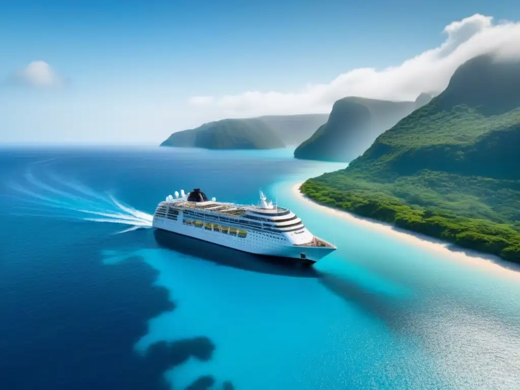 Un ecocrucero respetuoso con el planeta navega en aguas cristalinas rodeado de vida marina y exuberante vegetación costera