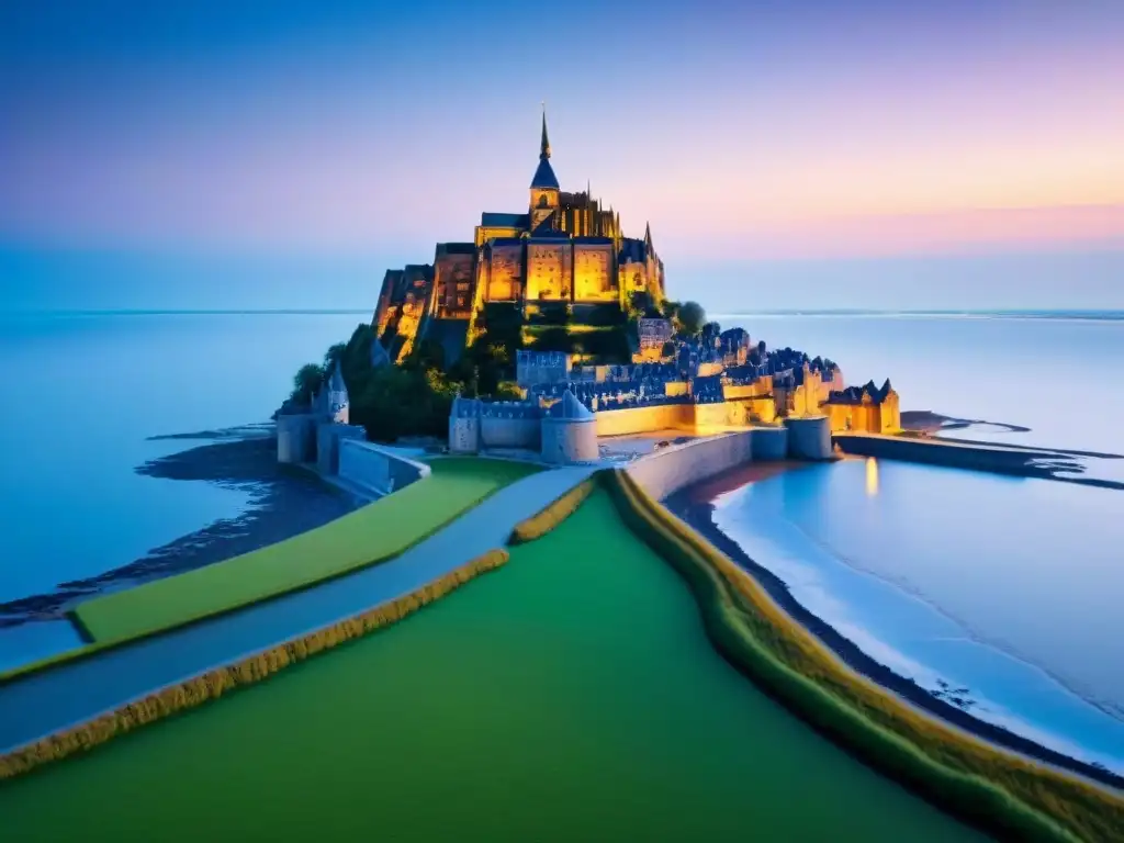 Edificaciones históricas marítimas UNESCO: Abadía de Mont Saint-Michel al atardecer en Normandía, Francia