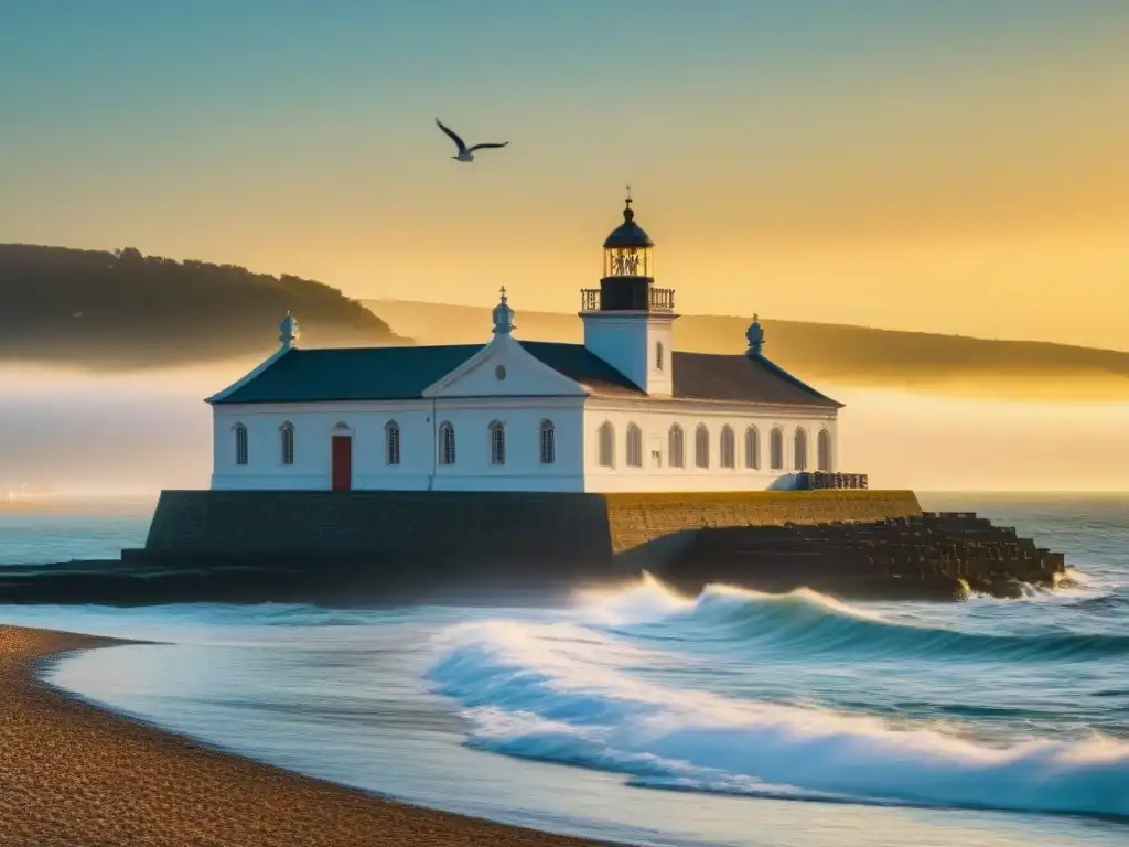 Edificaciones históricas marítimas UNESCO: Arquitectura detallada frente al mar tranquilo, con gaviotas sobrevolando