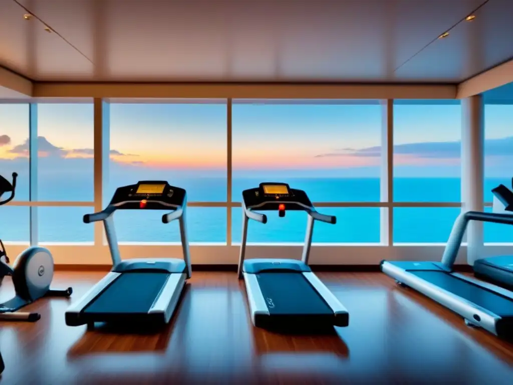 Ejercicios en cruceros para mantenerse: Gimnasio minimalista al amanecer en un barco, con equipo de ejercicio frente al mar tranquilo en tonos suaves