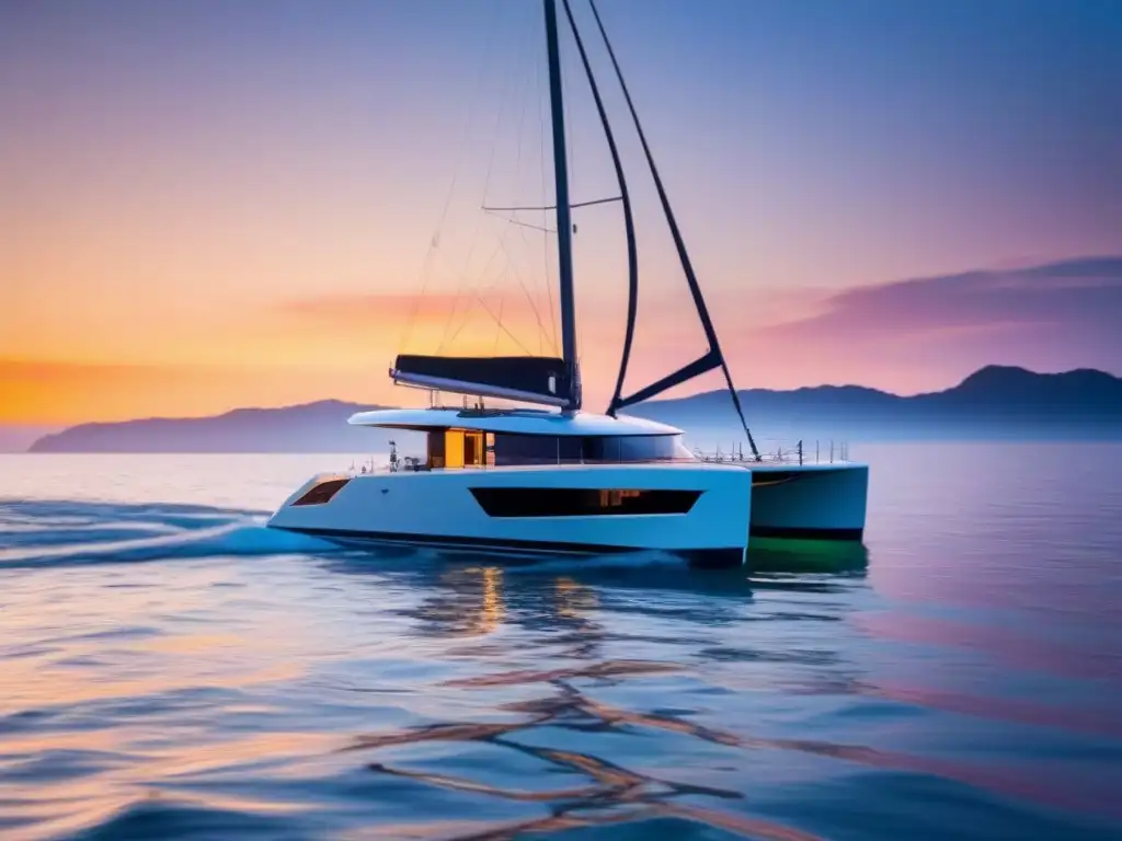 Un catamarán eléctrico y ecológico surca aguas cristalinas al atardecer