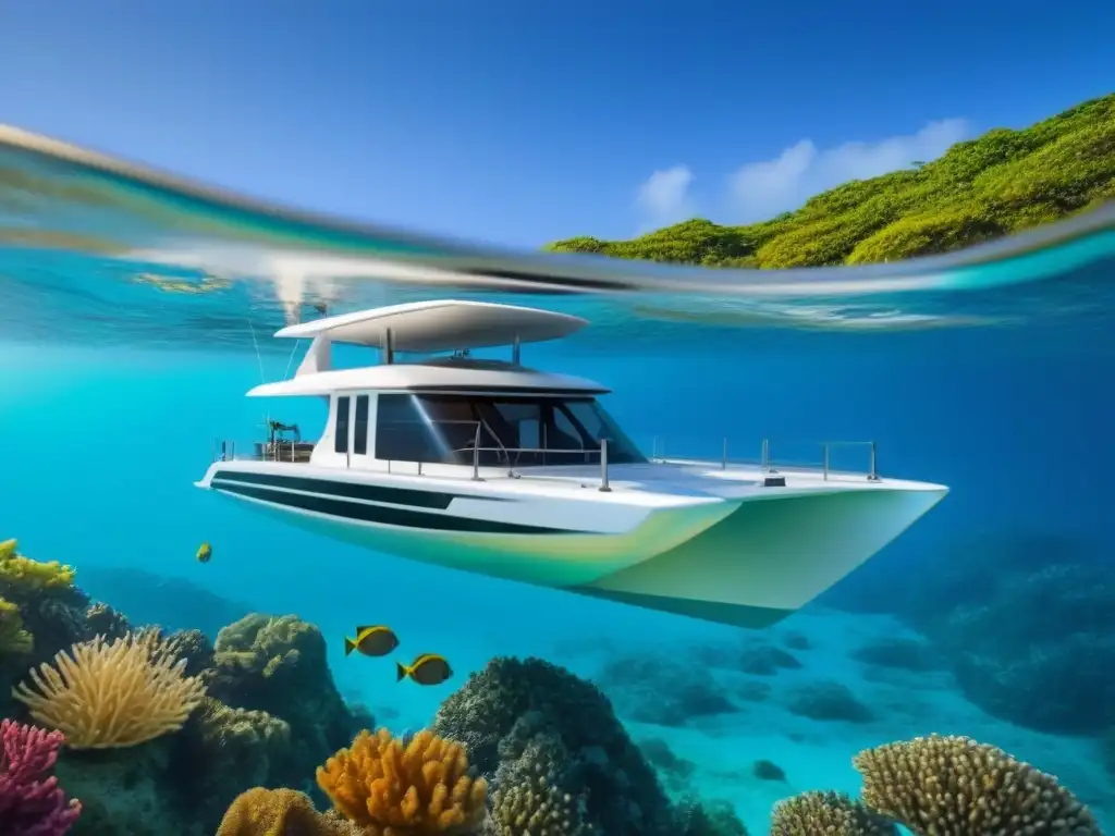 Un catamarán eléctrico moderno y elegante surcando aguas turquesas, revelando vida marina bajo su casco transparente