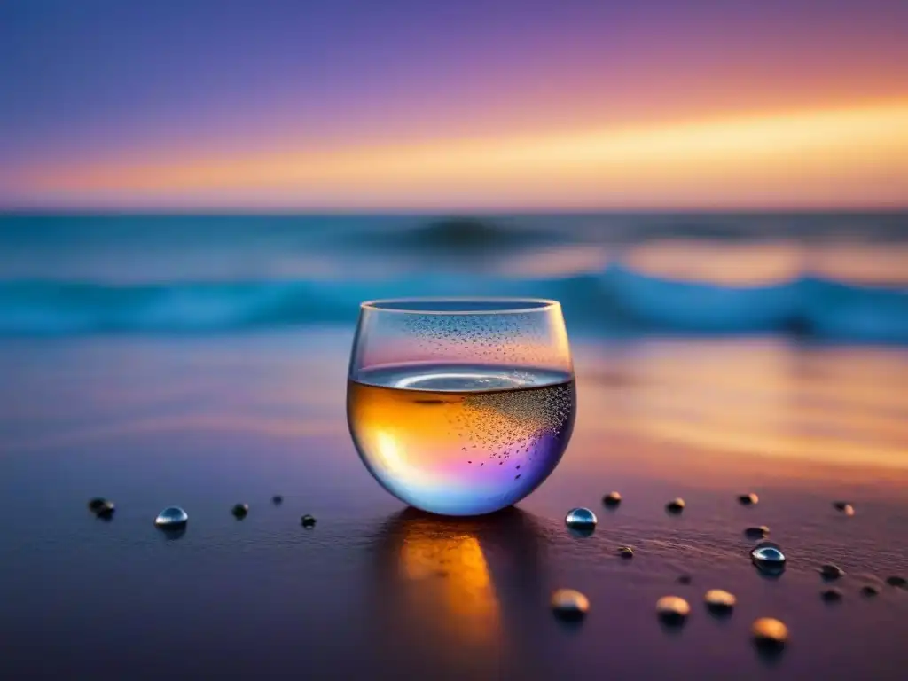 Un elegante agitador de cócteles plateado brillando con la luz del atardecer sobre el mar