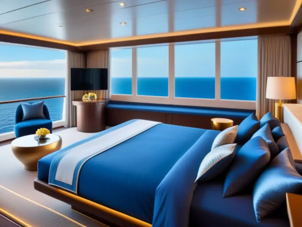 Elegante alojamiento VIP en crucero, con vistas al mar, cama king size y decoración sofisticada en tonos neutros y azules