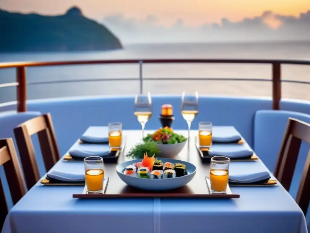 Un elegante ambiente en cubierta de crucero al atardecer, con influencia gastronomía cruceros asiáticos